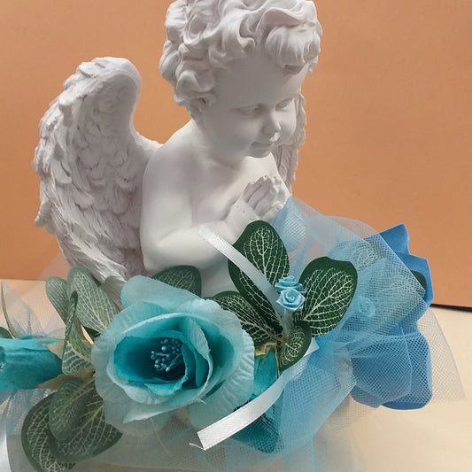 composizione fiori celeste pastello di fommy gomma eva carta crepla per centrotavola statua angelo