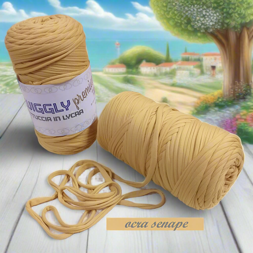 ocra senape shop lycra soft fettuccia borse uncinetto produttore Cucirini Tre Stelle Wiggly Premium poliestere con elastane morbida uso crochet pochette clutch bags abbigliamento moda shopper cestini