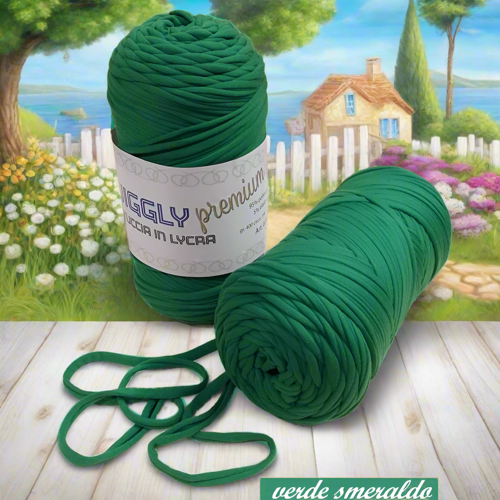 verde smeraldo shop lycra soft fettuccia borse uncinetto produttore Cucirini Tre Stelle Wiggly Premium poliestere con elastane morbida uso crochet pochette clutch bags abbigliamento moda shopper cestini