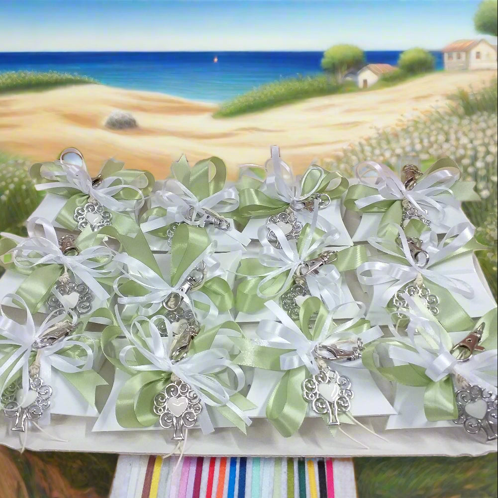 allestimento confettata segnaposto bomboniera portachiavi cuore smaltato con ciondolo metallo albero della vita moschettone cordino cerato ricordino souvenir gadget aprifesta