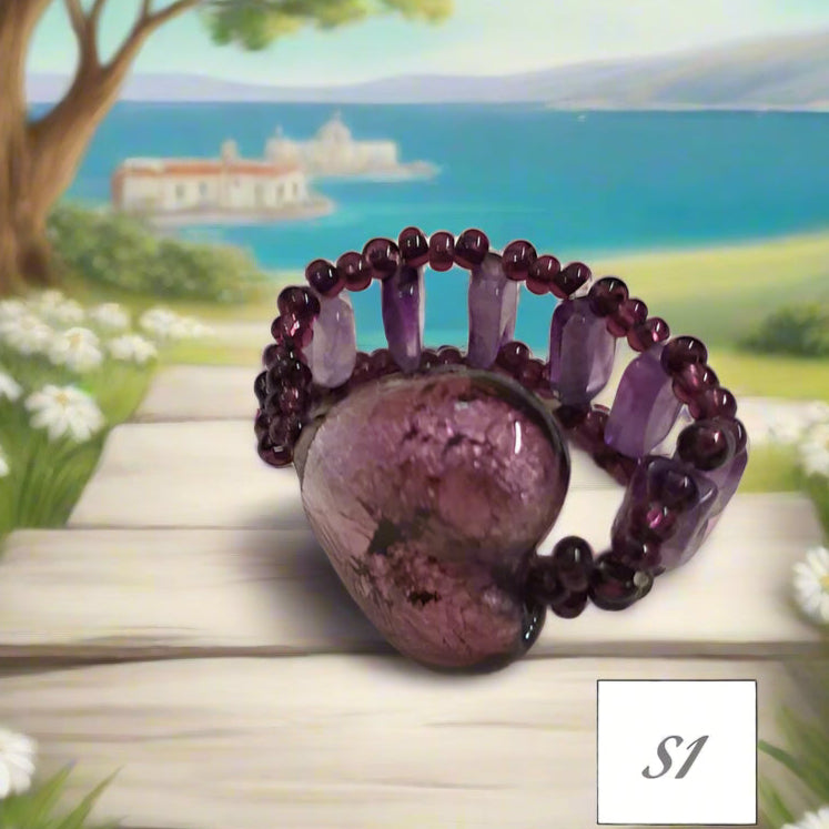 cuore veneziano viola e grigio shop anelli artigianali fatti a mano bigiotteria di perline perle pietre intrecciati bijoux con filo e basi cristalli Swarovski componenti di murano