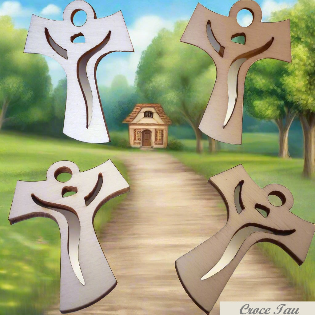 Ciondolo croce tau legno francescana bomboniere comunione cresima articoli religiosi oggetti sacri icone souvenirs ricordini fai da te applicazioni eco-friendly green