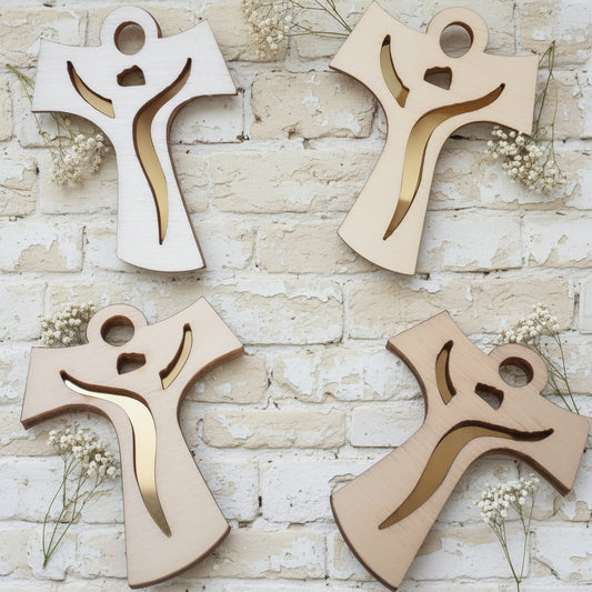 Ciondolo croce tau legno francescana bomboniere comunione cresima articoli religiosi oggetti sacri icone souvenirs ricordini fai da te applicazioni eco-friendly green
