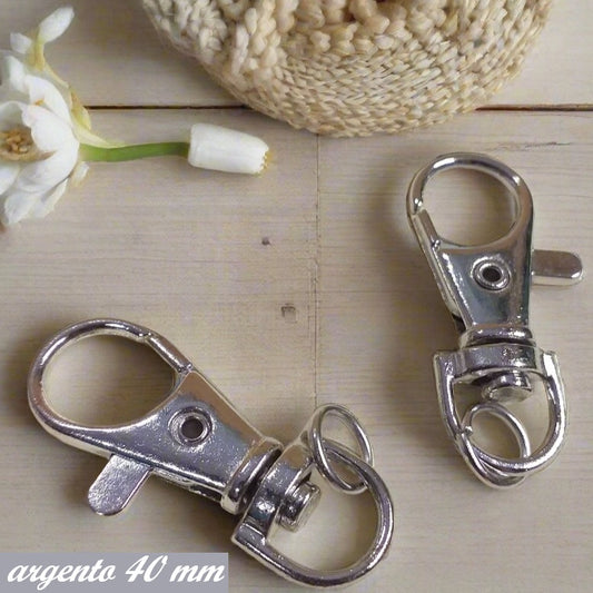 ganci girevoli 40 mm metallo colore argento, chiusure minuterie accessori fai da te borse artigianali e uncinetto moschettoni per manici borsette e tracolle