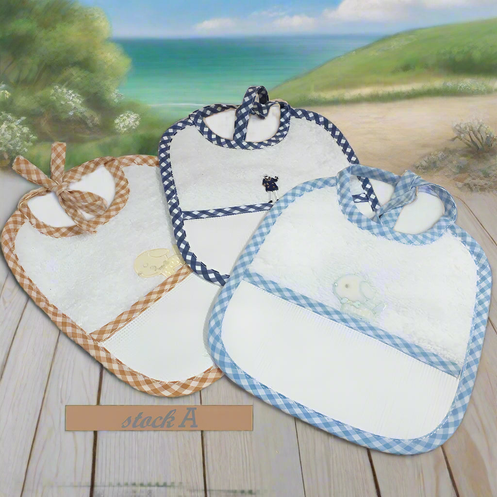 stock marrone celeste blu offerta vendita online bavaglini bambini neonati bebè baby maschietto economici cotone spugna disegni bavette tela aida ricamo e punto croce da ricamare