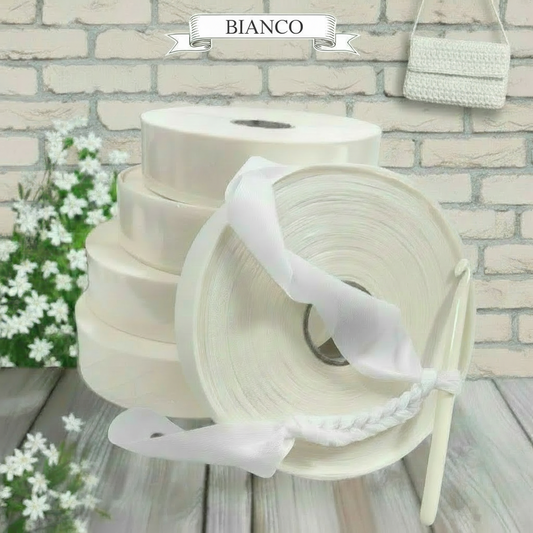 colore bianco shop offerta vendita fettuccia stafil maglina jersey poliammide lycra soft-elastica colori moda pasquali 2026 alta pizza larga piatta 4 cm uso borse uncinetto clutch bags crochet amigurumi cestini pastello