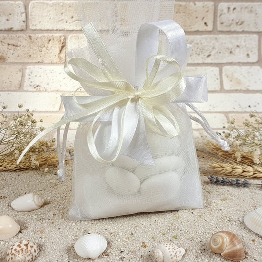 bianco e panna sacchettino confetti confezionato tulle e organza portaconfetti bomboniera ideale per matrimonio prima comunione cresima battesimo anniversario nozze