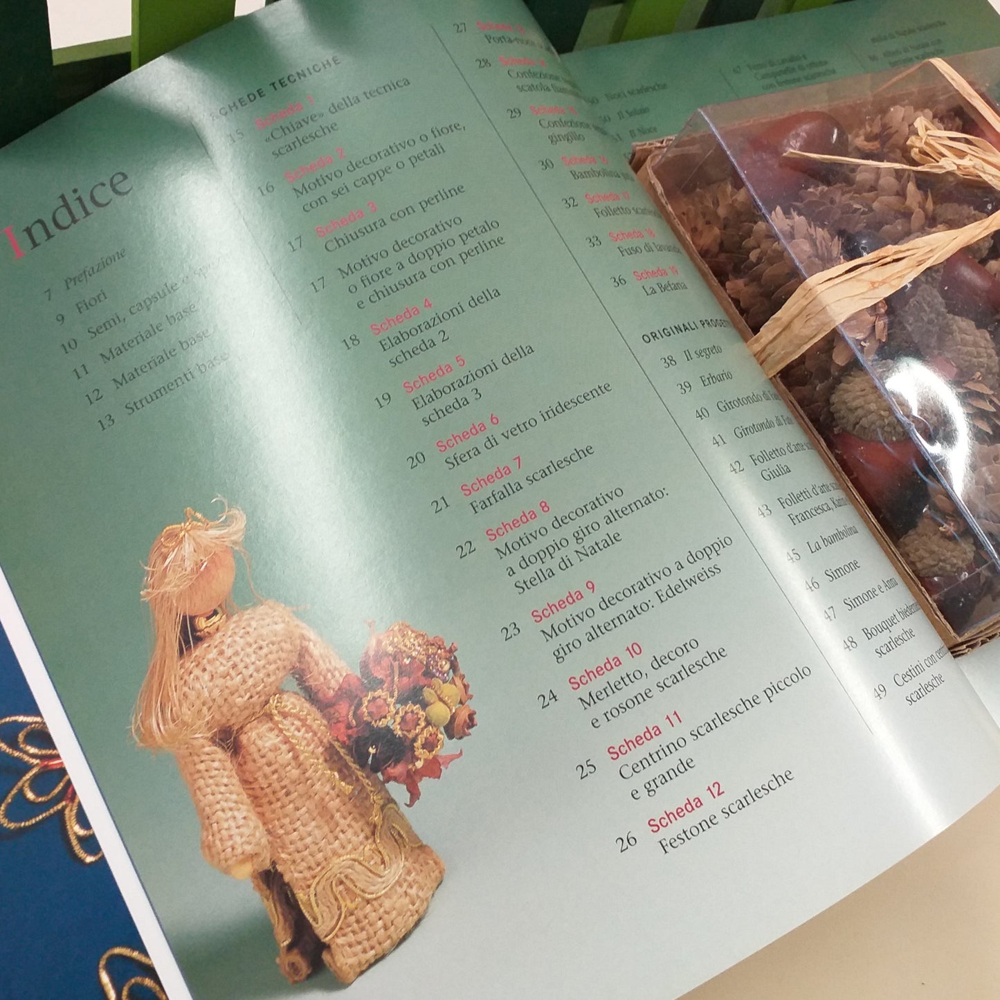 indice biedermeier tecniche scarlesche 49 pagine 19 schede materiali creativi decorazioni palline di vetro farfalle fiori edelweiss festone centrino merletto rosone stella di natale