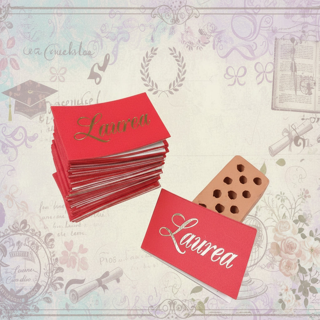 esempio con bigliettini laurea fai da te cartoncini rossi da stampare scritta oro per confezionare bomboniere sacchetti portaconfetti