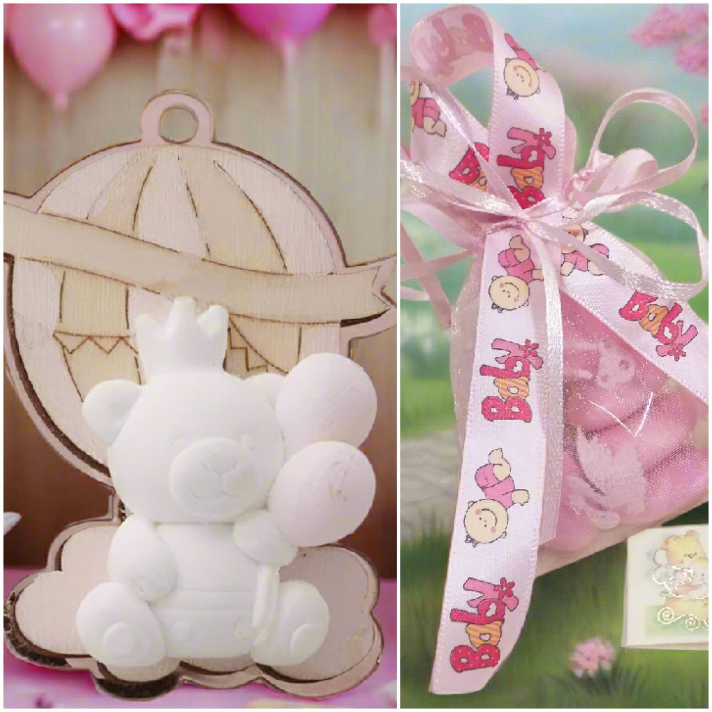 baby bebè rosa bimba femminuccia legnetti applicazioni tema orso magnete calamita mongolfiera palloncini gessetti da confezionare bomboniere nascita Battesimo sacchettino portaconfetti bigliettino