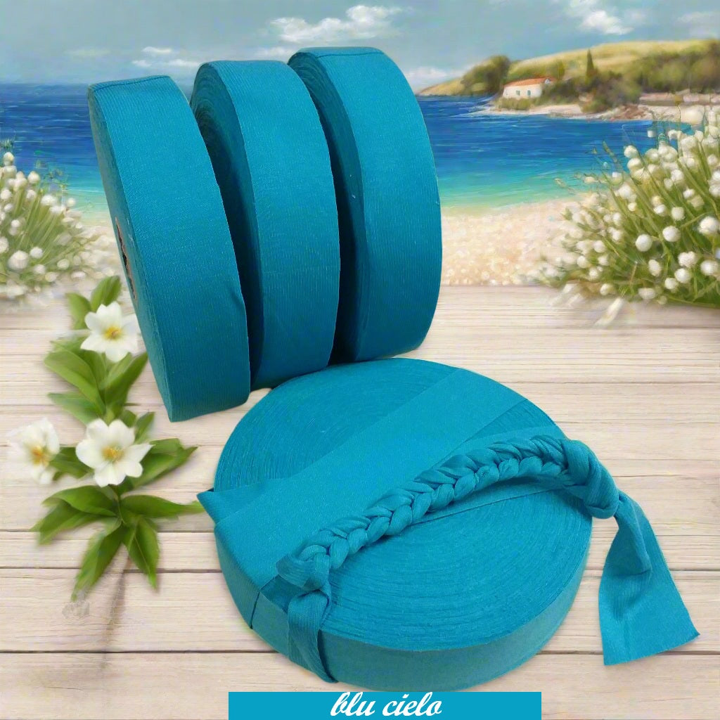 blu cielo chiaro lycra-soft pizza fettuccia elasticizzata morbida borse uncinetto sottile uso crochet bags clutch pochette abbigliamento moda bustine