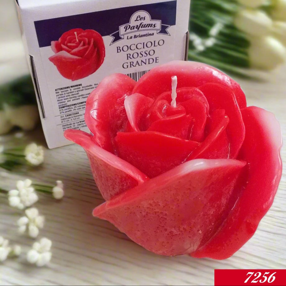 scatola astuccio e originale candela natalizia forma bocciolo rose rosse per centrotavola idea regalo vetrinistica packaging regalo matrimonio bomboniera
