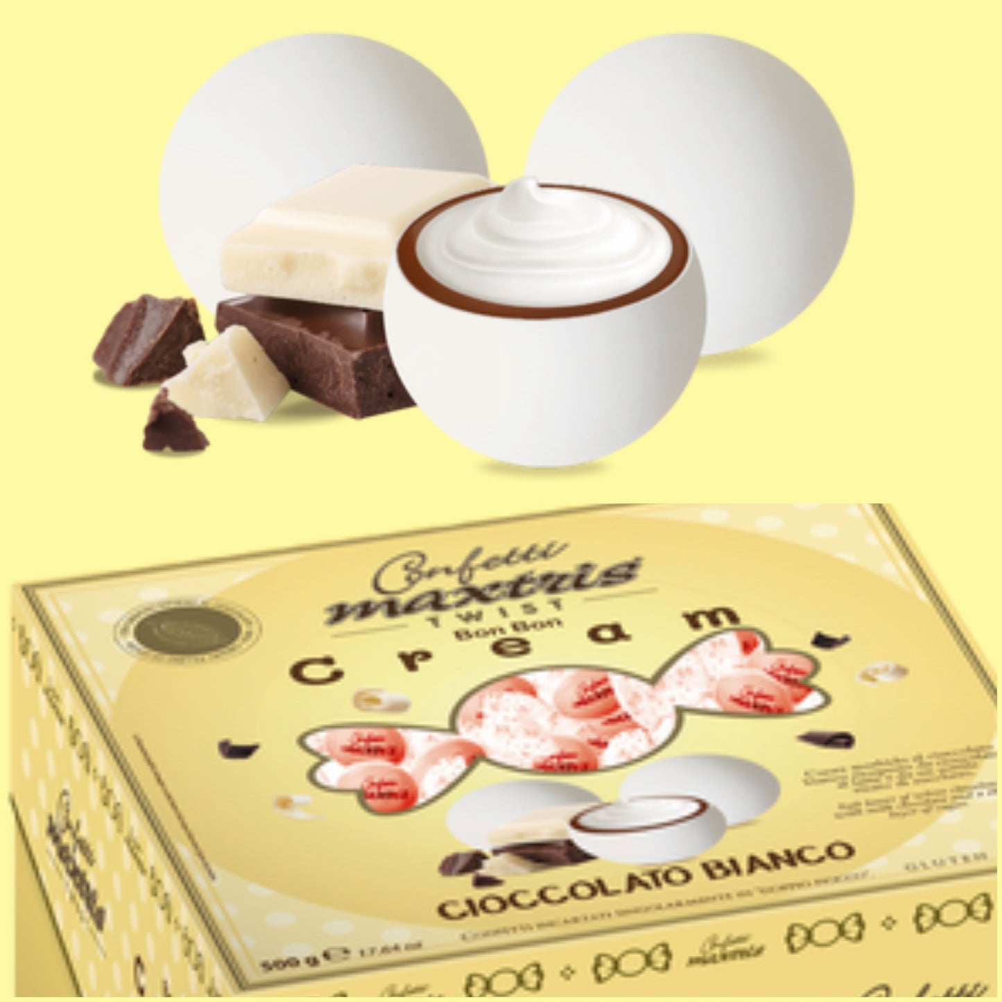 bianco matrimonio comunione cresima Maxtris Italian confetti twist Bon Bon cream cioccolato bianco ricoperto da cioccolato al latte confettato zucchero incartati singolarmente doppio fiocco come cioccolatini