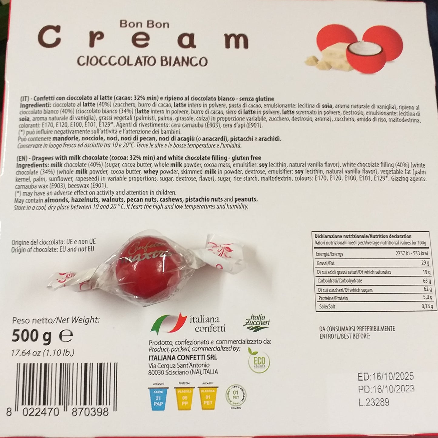peso netto 500 g etichetta ingredienti valore nutrizionale scadenza Italiana confetti srl produttore di Maxtris Italian confetti twist Bon Bon cream cioccolato bianco ricoperto da cioccolato al latte confettato zucchero incartati singolarmente doppio fiocco come cioccolatini