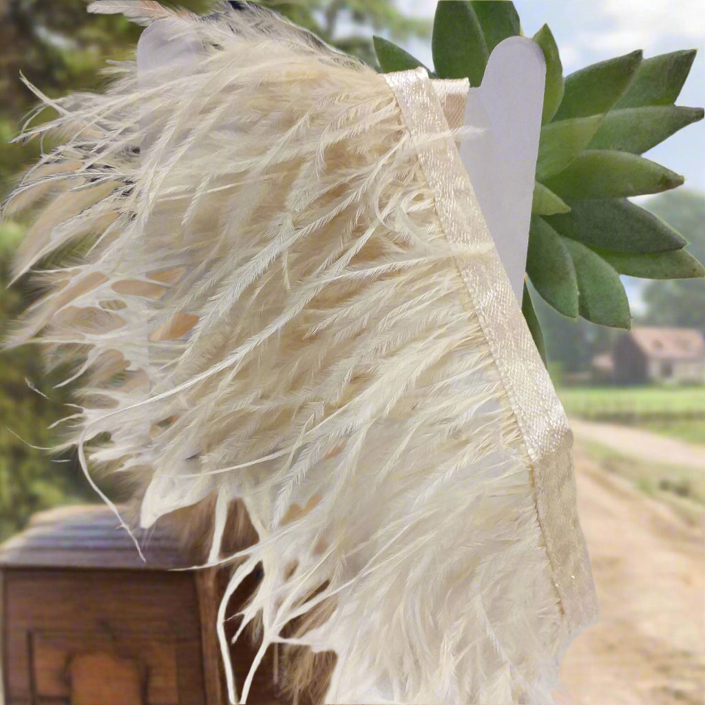 colore panna nastro con frange piume di struzzo naturale bordura passamaneria da applicare polsi vestitini abitini cerimonia matrimonio cappelli borse ghirlande nascita costumi danza ballo sudamericano