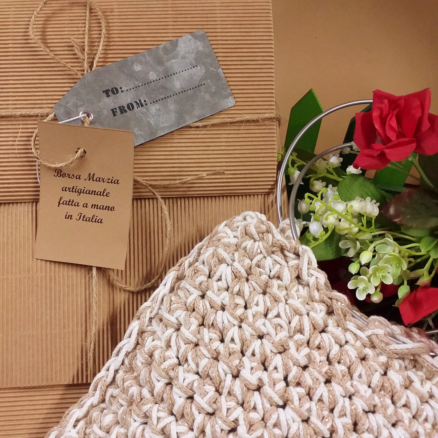 Borsa Marzia artigianale fatta a mano in Italia uncinetto crochet bag pochette di corda cotone green macramè cordino manici cerchio metallo colore argento uso borsetta da giorno sera elegante cerimonia