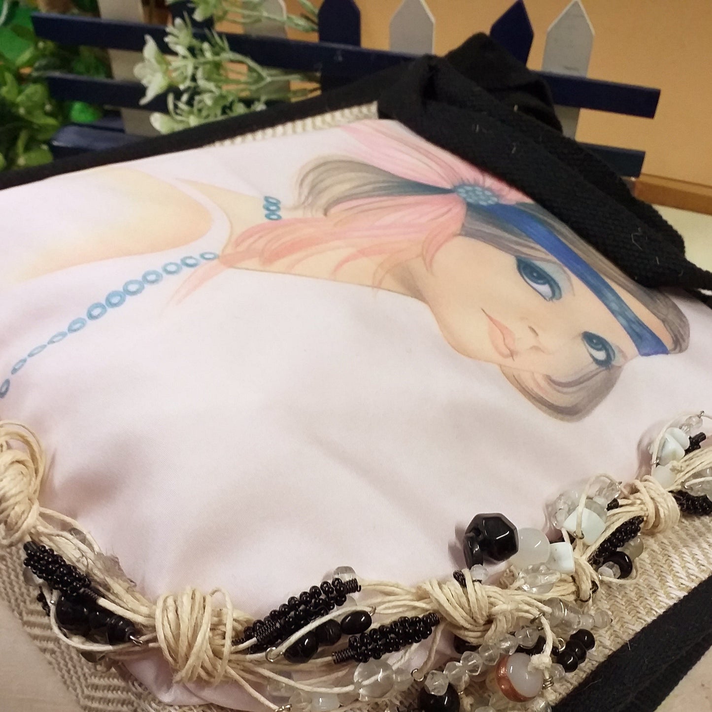 idea fai da te Stafil green tiffani-stile juta naturale borsa quadrata 30 x 30 x 12 cm manici tessuto nero da decorare rivestire tecnica applicazioni personalizzare con tela dipinta viso di donna cordoncino perle perline