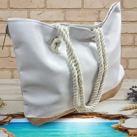 borsa donna da mare sacca tela bianca base juta naturale manici corda nautica uso borsone piscina estate spiaggia viaggio da rivestire mattonelle granny uncinetto o applicazioni fiori
