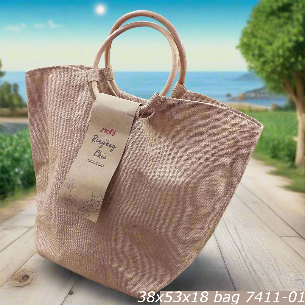 borsa juta da rivestire con manici bambù forma trapezio da decorare con applicazioni scritte nomi corda tubolare tricotin 38 x 53 x 18 cm