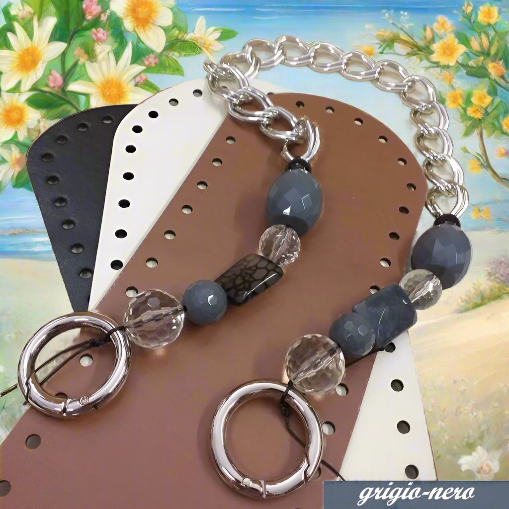 nero grigio maniglia bijoux manici perle vetro pietre catena metallica argento moschettoni anelloni apribili rotondi creare borse artigianali fai da te uncinetto accessori fettuccia corda macramè fondi ecopelle