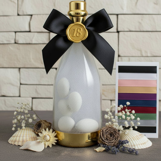 simbolo 18 bottiglia plastica tappo oro fiocco nero nastro bomboniere diciottesimo compleanno confezionate confetti tulle allestimento fiori secchi