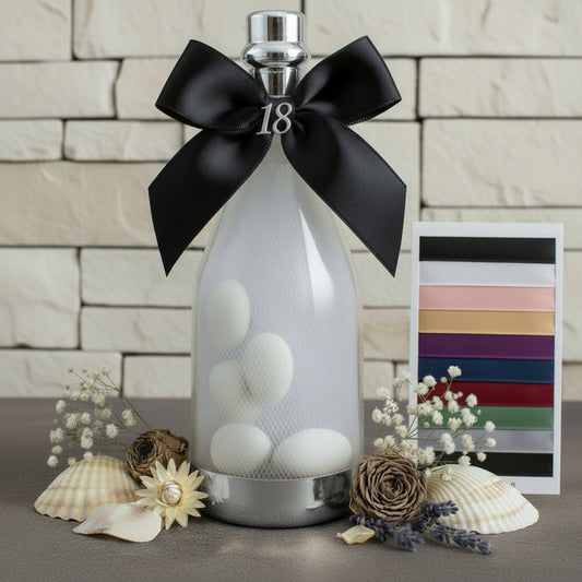 simbolo 18 bottiglia plastica tappo argento fiocco nero nastro bomboniere diciottesimo compleanno confezionate confetti tulle allestimento fiori secchi