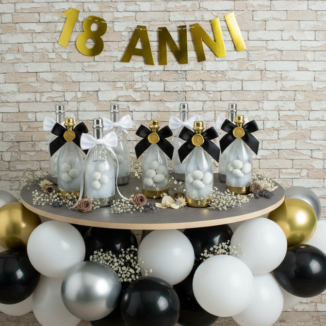 allestimento 18 anni bottiglie plastica tappo oro argento fiocco nastro bomboniere diciottesimo compleanno confezionate confetti tulle allestimento fiori secchi palloncini