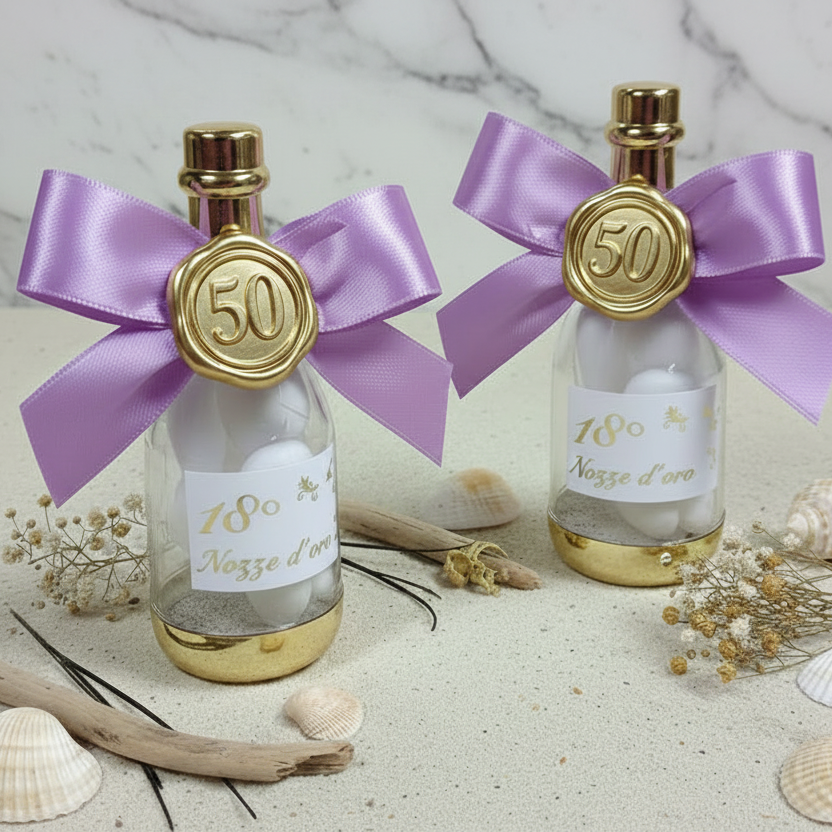 idee particolari bomboniere 50 anni anniversario matrimonio cinquantesimo nozze oro bottiglia portaconfetti confezionata fiocco sigillo ceralacca confetti bianchi mandorla tulle bigliettino personalizzato