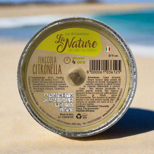 durata combustione 4 ore La Nature la briantina linea candele citronella fiaccola ciotola alluminio made in italy con olio essenziale antizanzare repellente insetti uso esterno diametro 11 cm