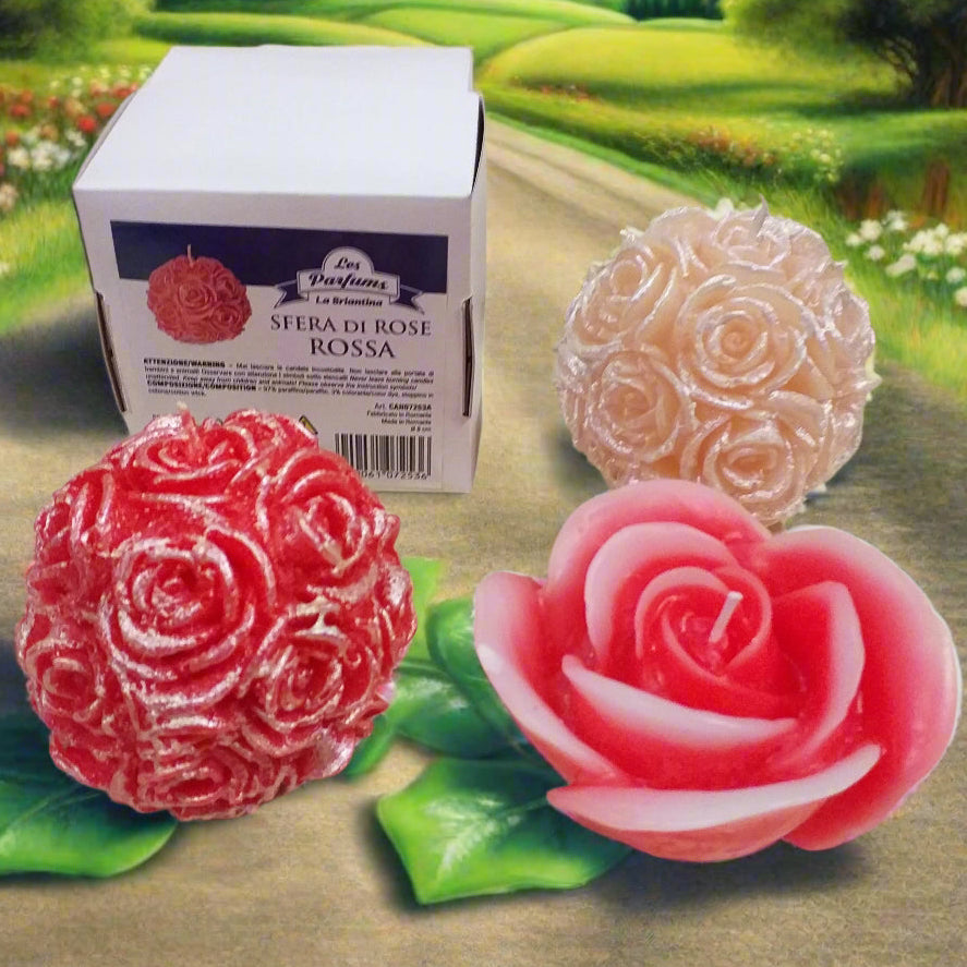 sfera con rose e fiore bocciolo forma rosa rossa pesca originali candele natalizie forma fiori per centrotavola idea regalo vetrinistica packaging pasquale festa della mamma bomboniera