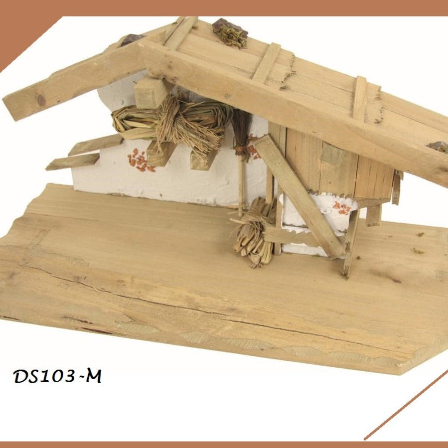 stalla fienile muro innevato muschio ramazza capanna vuota legno per Presepe Natività statuine piccole miniature