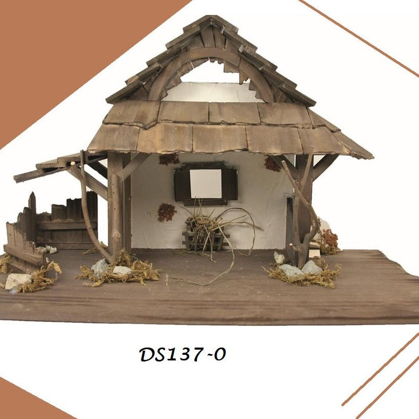 capanna vuota legno grande sassi muschio mangiatoia fienile tettoia per Presepe Natività statuine piccole miniature