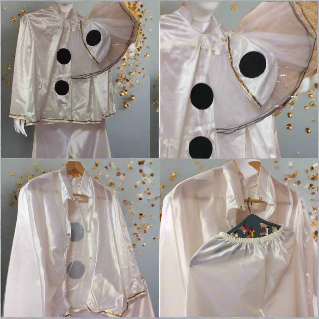 dettagli vestito di raso davanti retro pantaloni giacca costume di Carnevale bambini abito Pierrot bianco pois nero mantellina tulle berretto