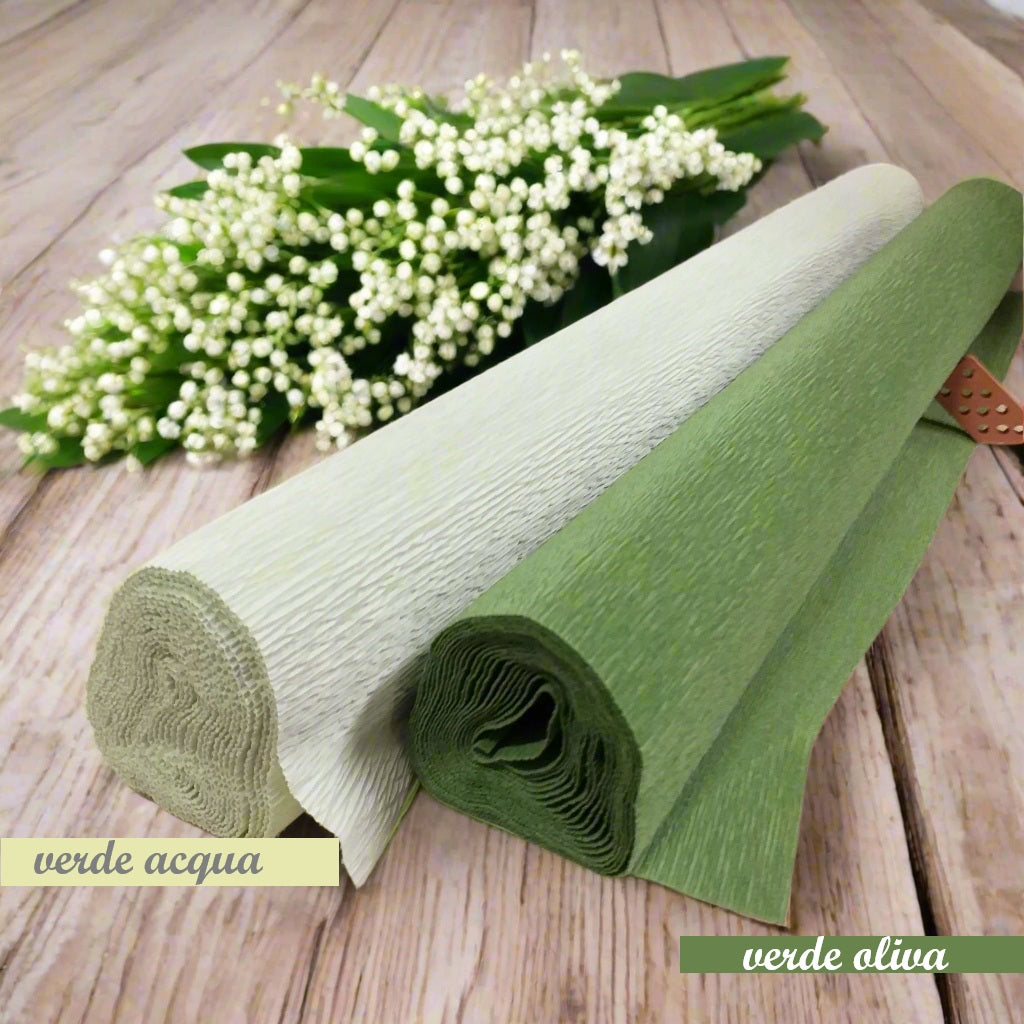 verde acqua e oliva carta crespata pesante 180 g prima qualità italiana uso creare foglie composizioni fiori grandi giganti centrotavola ghirlande floreali lavoretti facili creativi bambini