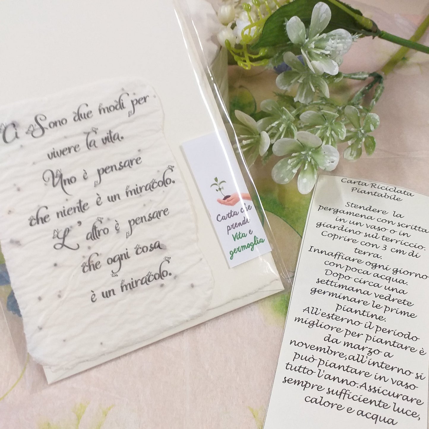 pensierino ricordino di carta riciclata piantabile di semi piantine pergamena ci sono 2 modi per vivere la vita frase bella etichetta prende vita e germoglia confezionata bustina bomboniere segnaposto