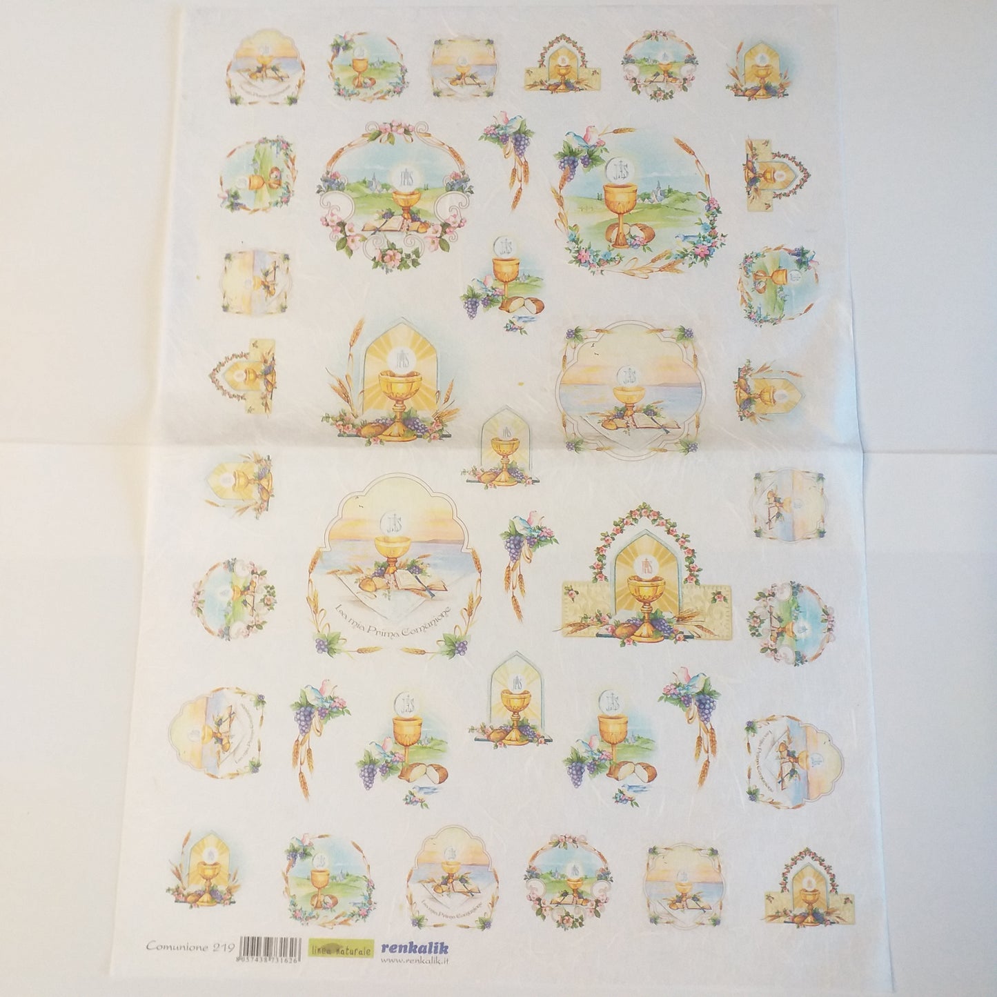 foglio intero carta di riso Silkprint paper Renkalik 35 x 50 cm linea naturale Prima Comunione 219 uso decoupage bomboniere fai da te motivi religiosi sacri simboli cerimonia spighe pane Calice uva Vangelo