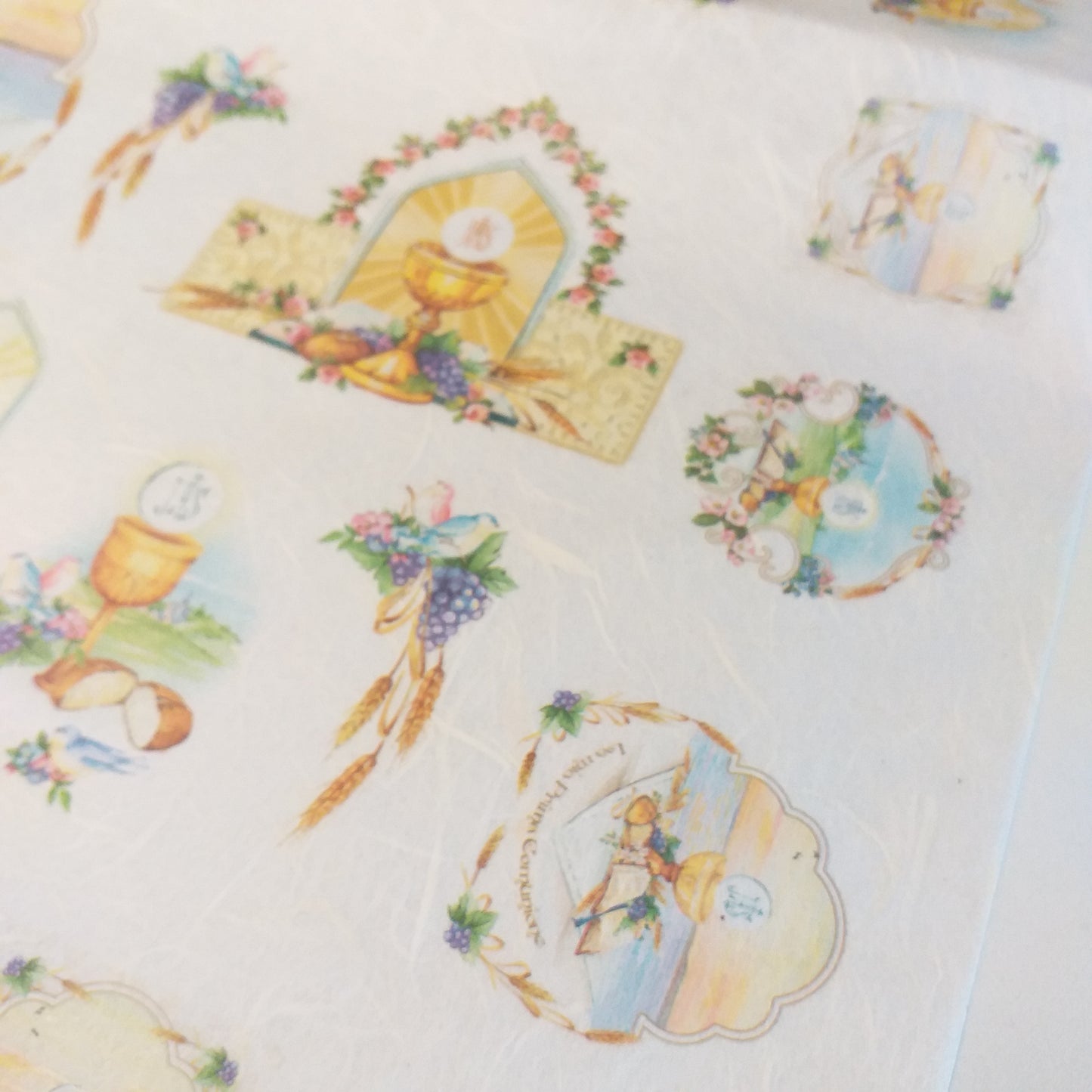 disegni piccoli e medi carta di riso Silkprint paper Renkalik 35 x 50 cm linea naturale Prima Comunione 219 uso decoupage bomboniere fai da te motivi religiosi sacri simboli cerimonia spighe pane Calice uva Vangelo