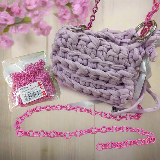 shop bigiotteria borse artigianali fai da te uncinetto vendita 90 cm catenella colorata rivestita di nylon fucsia pink magline non apribili idea pochette tracolla con ganci