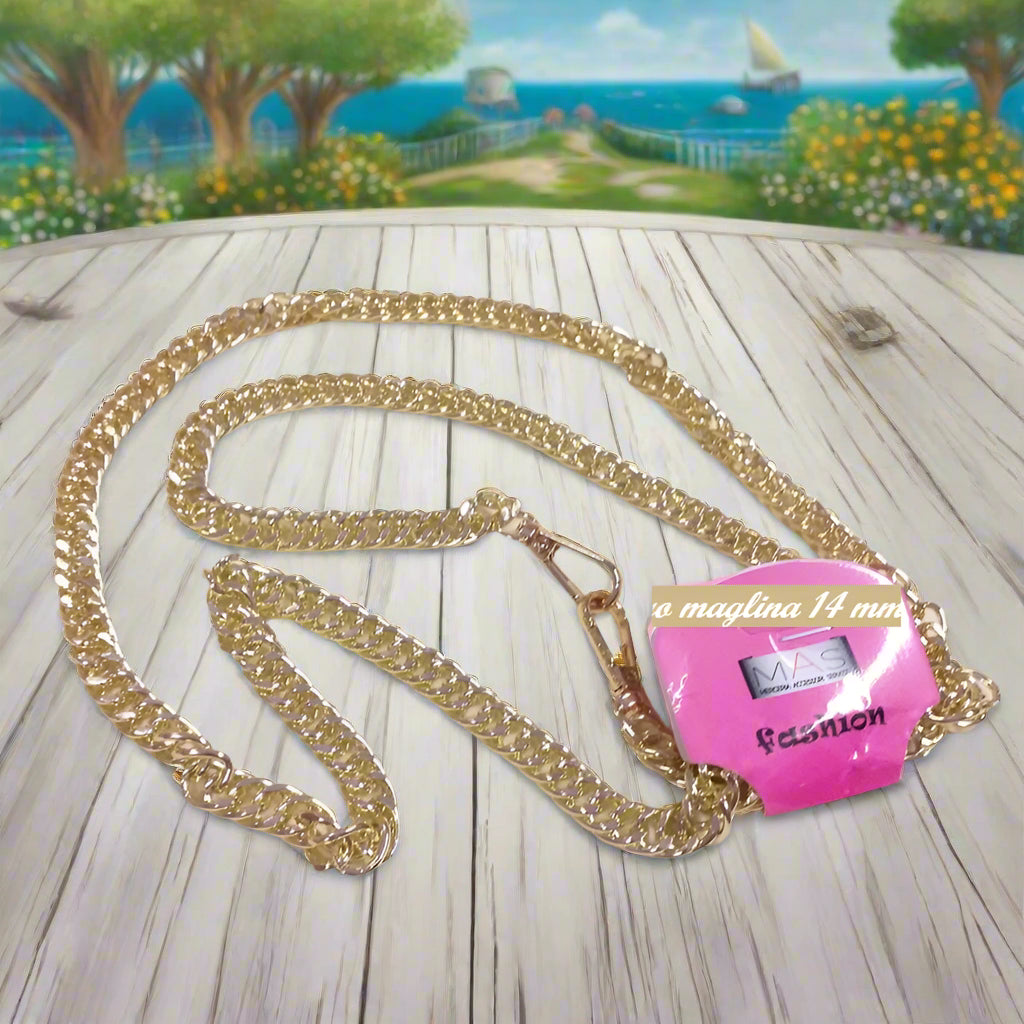 maglia 14 mm colore oro dorato catenella manici tracolla catene borse uncinetto per pochette clutch bags bustine di tessuto stoffa corda fettuccia con moschettoni finali