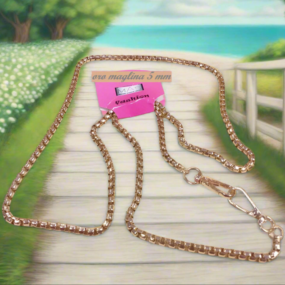 maglia 5 mm colore oro dorato catenella manici tracolla catene borse uncinetto per pochette clutch bags bustine di tessuto stoffa corda fettuccia con moschettoni finali