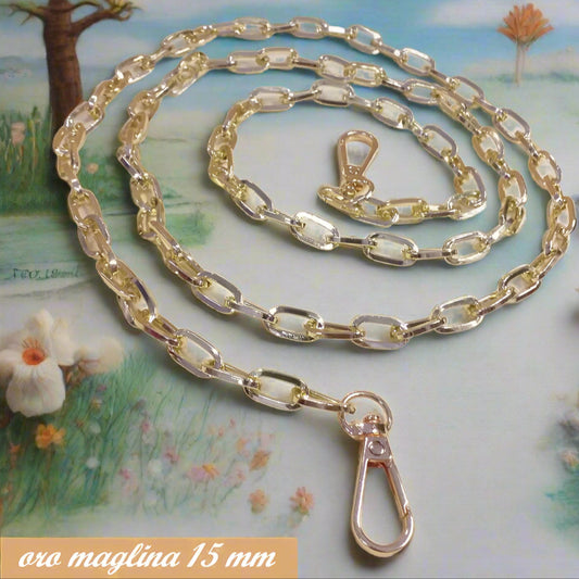 maglia media 15 mm colore oro dorato catenella manici tracolla catene borse uncinetto per pochette clutch bags bustine di tessuto stoffa corda fettuccia con moschettoni finali