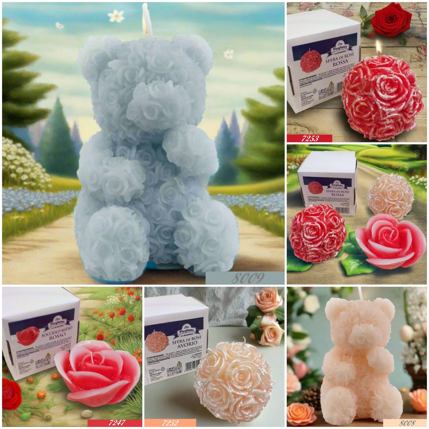 azzurro rosa orso di cera sfera con rose e fiore bocciolo forma rosa rossa pesca originali candele natalizie forma fiori per centrotavola idea regalo vetrinistica packaging pasquale festa della mamma bomboniera