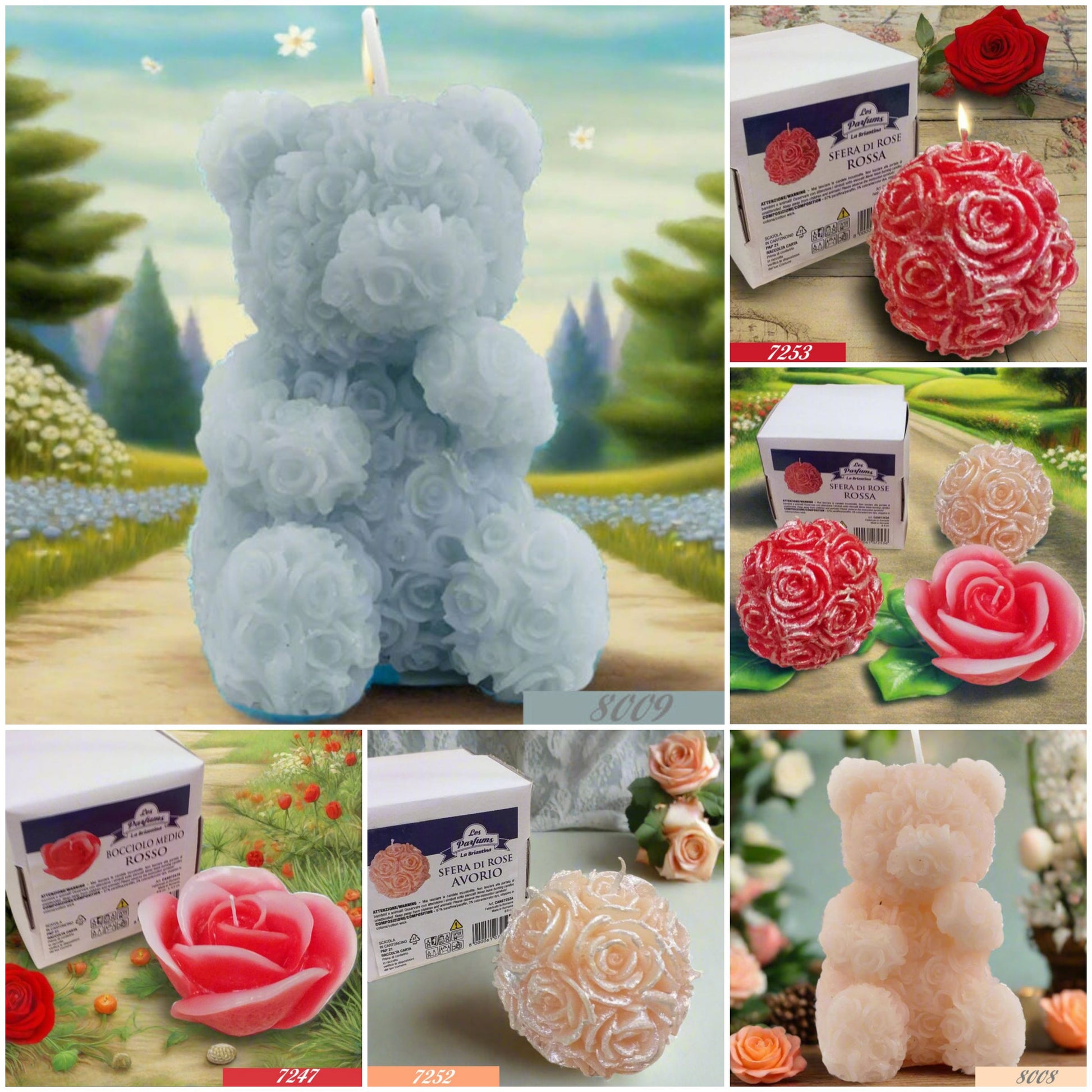 azzurro rosa orso di cera sfera con rose e fiore bocciolo forma rosa rossa pesca originali candele natalizie forma fiori per centrotavola idea regalo vetrinistica packaging pasquale festa della mamma bomboniera