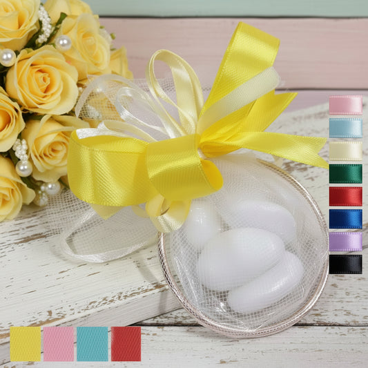 cerchio metallo dorato ottone ferro colorato per confezionare confetti sacchetti bomboniere segnaposto con tulle e nastro coccarda giallo matrimonio comunione cresima colori per compleanno laurea nascita battesimo