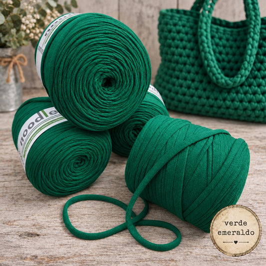 verde smeraldo stafil t-shirt garn stretch yarn fettuccia elasticizzata maglina cotone noodles per uncinetto borse crochet bags clutch cestini tappeti cuscini collane braccialetti ceste porta enfant scaldacollo natale