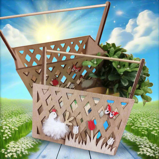 kit packaging cestino legno contenitori recinto staccionata gallo gallina tulipani fiori farfalla fai da te idea regalo pasquale confezione vetrina allestimento bomboniere