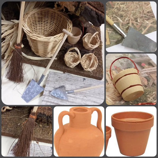 vasi terracotta anfore coccio cotto secchiello legno vanga badile ramazza scopetta ceste e cestini attrezzi lavoro Presepe utensili arnesi miniature uso mestieri agricoli accessori fai da te micro giardino arredo bonsai piante hobby creativi casa bambole befanella streghetta halloween chiudipacco regalo