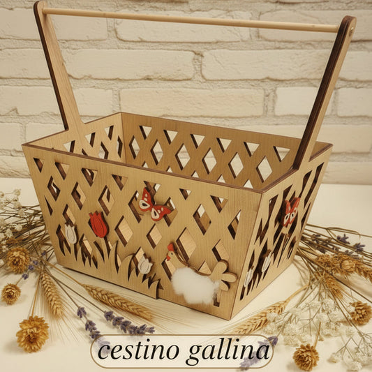 kit packaging cestino legno contenitori recinto staccionata gallo gallina tulipani fiori farfalla fai da te idea regalo pasquale confezione vetrina allestimento bomboniere primavera