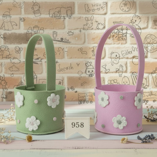 forma cestino aperto di feltro scatola contenitore shopper portauova con disegno fiori per ovetti colorati pasquali confezioni regalo packaging enogastronomia erboristeria