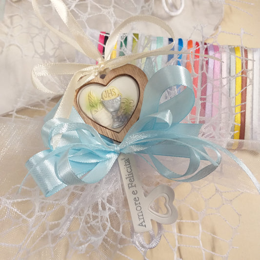 scelta colori comunione cresima maschietto bambino bomboniera chiave icona religiosa sacra confezionata confetti sacchetto a rete artigianale coccarda azzurra